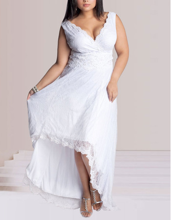 Elegant A-line V-Neck Asymmetric High-Low Lace Plus Size Wedding Dresses