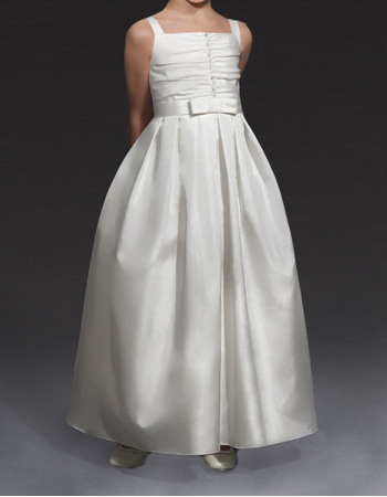 Unique Simple A-line Wide Straps Pleated Satin First Communion Flower Girl Dresses with Beading Detailing