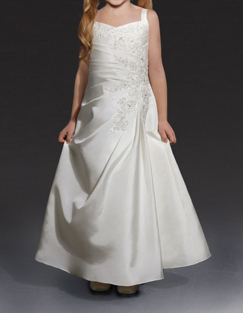 Pretty A-Line Wide Straps Beaded Appliques Satin First Communion Dresses with Asymmetrical Waistline