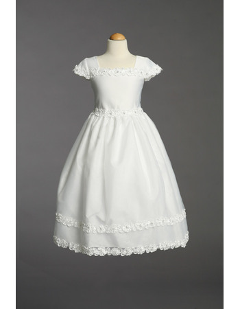 Custom Pretty Short Sleeves Organza Over Satin First Communion Flower Girl Dresses with Floral Appliques