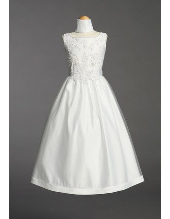 Custom Pretty Bateau Neckline Tulle Over Satin First Communion Flower Girl Dresses with Beaded Appliques