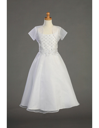 Enchanting A-line Spaghetti Straps Beaded Appliques White Organza First Communion Dresses with Jacket