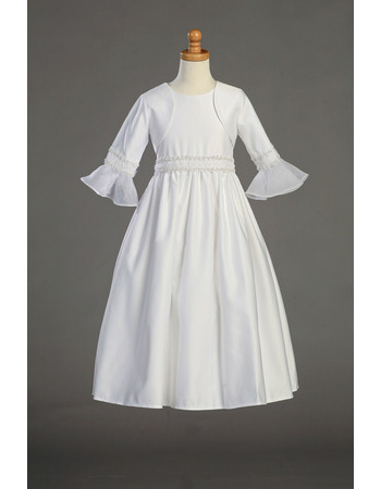 Enchanting A-line Beaded White Satin First Communion Flower Girl Dresses with Bell Sleeves Jacket