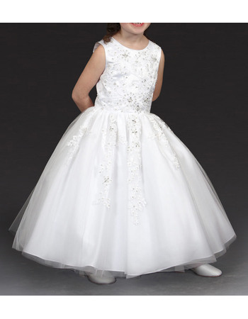 Gorgeous Beaded Appliques Ball Gown Long Length Satin White First Communion Dresses