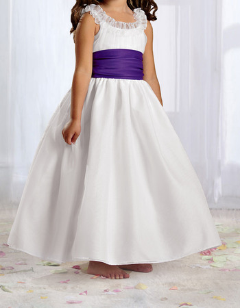 Cute Ball Gown Ruffled Round Long Length Shirred Skirt Flower Girl Dresses with Sashes