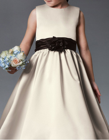 Discount A-Line Long Length Shirred Skirt Satin Flower Girl Dresses with Sashes and Bows