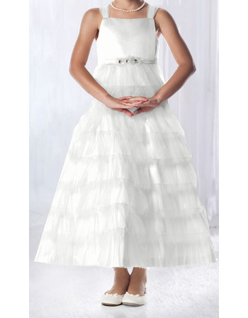 Inexpensive A-Line Wide Straps Tea Length Satin Layered Skirt Tulle White Flower Girl Dresses