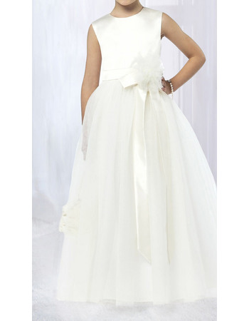 Discount Smiple A-line Full Length Tulle First Communion Flower Girl Dresses with Hand-made Flowers
