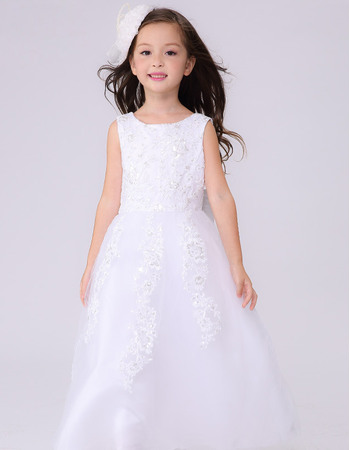 Discount A-Line Round Neck Full Length White Tull First Communion Dresses with Beaded Appliques