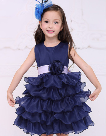 Pretty Ball Gown Round Neck Short Organza Ruffled Layered Skirt Flower Girl Dresses with Sashes and Hand-made Flowers