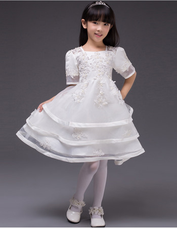 Pretty A-line Square Neck Layered Skirt Short White Little Girls Party Dresses with Short Sleeves and Appliques