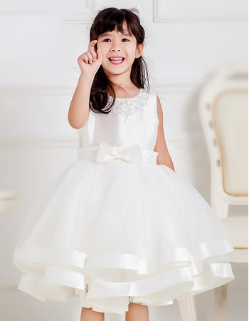 Beautiful Custom Ball Gown Beaded Round Neck Knee Length Satin Tulle First Communion Dresses