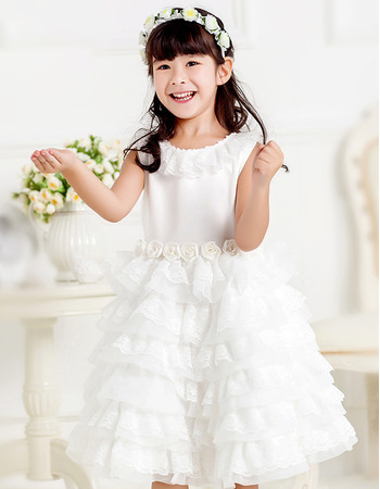 Pretty Ball Gown Round Short Lace Layered Skirt Flower Girl Communion Dress with Hand-made Flowers
