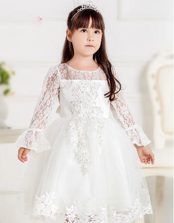 Pretty Custom Ball Gown Round/ Scoop Short First Communion Dresses with Long Lace Sleeves
