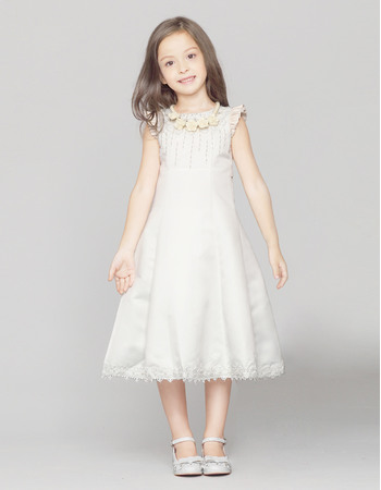 Cute Simple A-Line Round Neck Sleeveless Knee Length Satin First Communion Girls Dresses with Beaded Appliques