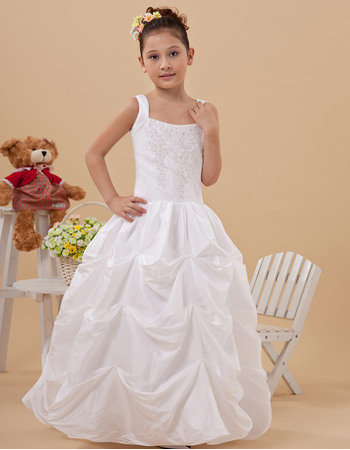 Discount Beaded Appliques Wide Straps Taffeta Full Length First Communion Dresses with Pick-up Skirt