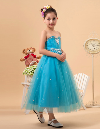 Luxury Beaded Crystal A-line Sweetheart Tea Length Satin Tulle Little Girls Party Dresses