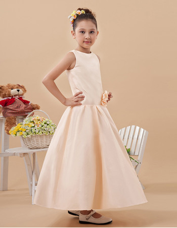 Simple A-Line Bateau Neck Ankle Length Satin Flower Girl Dresses with Hand Made Flower