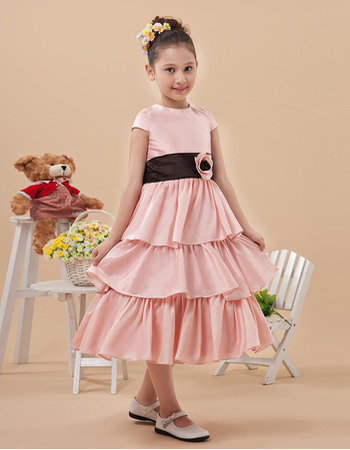 Cute A-line Bateau Neck Cap Sleeves Tea Length Layered Skirt Flower Girl Dresses for Spring