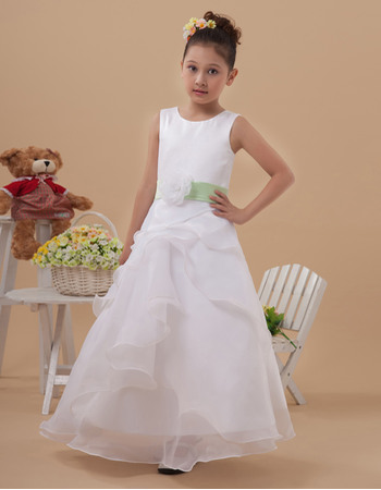 Inexpensive A-Line Round Neck Sleeveless Ankle Length Organza White First Communion Dresses with Front Layered Skirt
