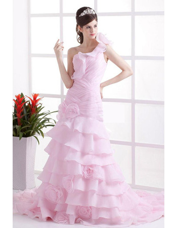 Beautiful Ruffled One Shoulder Ruching Organza Pink Wedding Dress with Tiered Skirt