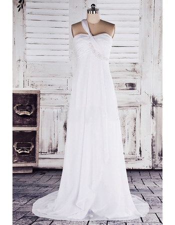 Simple Empire One Shoulder Sweep Train Chiffon Wedding Dresses with Button Back
