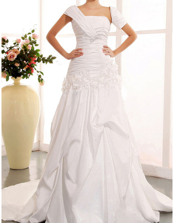 Fashionable Asymmetrical Shoulder Court Train Taffeta Wedding Dresses with 3D Flowers