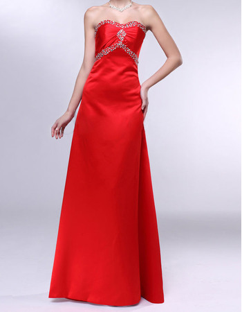 Modest A-Line Sweetheart Sleeveless Red Satin Evening Dresses with Rhinestone Beading Detail
