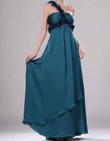 Inexpensive One Shoulder Full Length Pleated Chiffon Evening Dresses with 3D Flowers Detail