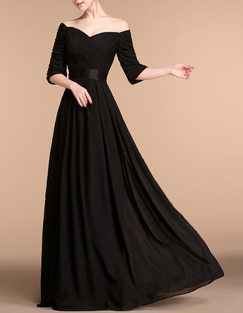 Elegant Off-the-shoulder Black Long Chiffon Mother Of The Bride Evening Dresses with Half Sleeves