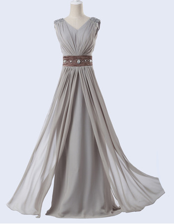Elegant A-Line V-Neck Chiffon Evening Dress with Ruched Belt and Beaded Rhinestone Detail