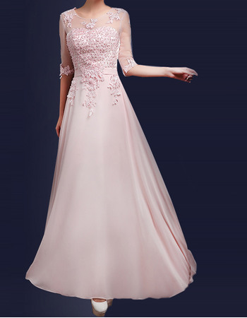 Perfect Illusion Neckline Beaded Applique Bodice Evening Dresses with Half Tulle Sleeves