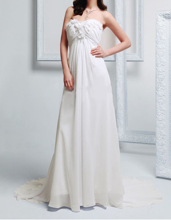 Romantic Empire Sweetheart Court Train Chiffon Wedding Dress with Floral Applique and Beading