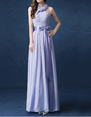 Romantic 3D Floral Neckline Full Length Pleated Chiffon Lavender Evening Party Dresses