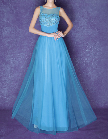 Alluring Sheer Bateau Neck Full Length Tulle Evening Party Dresses with Beading Embellished Bodice