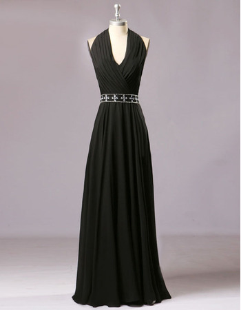 Elegant Halter V-neck Pleated Black Chiffon Evening Party Dresses with Beaded Crystal Waist