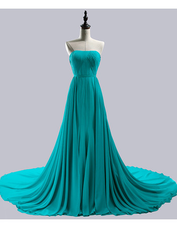 Simple Strapless Sleeveless Court Train Pleated Chiffon Evening Party Dresses