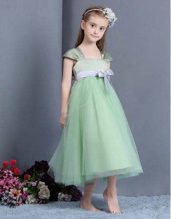 Simple Empire Cap Sleeves Tea Length Easter Little Girls Dresses Under 100/ Tulle Flower Girl Dresses with Sash