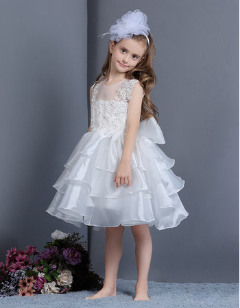 Cute Ball Gown Illusion Tulle Neckline Knee Length Layered Skirt Organza Flower Girl Dresses with Appliques and Bowknot