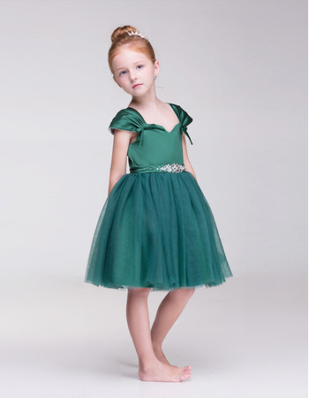 Discount Ball Gown Knee Length Satin Tulle Little Girls Holiday Dresses with Cap Sleeves Under 100