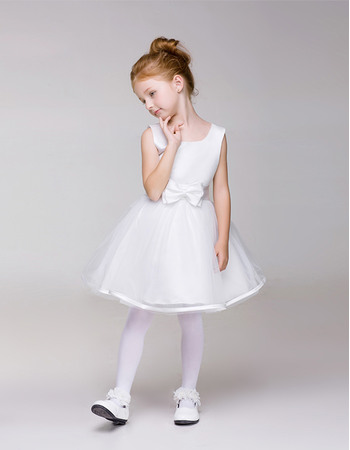 Inexpensive Simple A-Line Knee Length Tulle First Communion Dresses with Belt and Bowknot