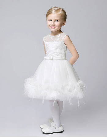 Ball Gown Illusion Jewel Neck Knee Length Lace Tulle Flower Girl Dresses with satin waistband and Feather Bottom