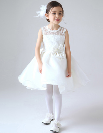Affordable A-Line Jewel Neck Short Lace and Satin Girl First Communion Dresses Under 100 with Bowknot