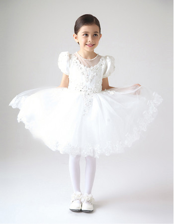 New Style Ball Gown Jewel Neck Short Bubble Sleeves Girls First Communion Dresses with Appliques Beading
