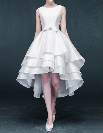 Simple Asymmetrical Short Satin Wedding Dresses with Tiered Skirt and Bow