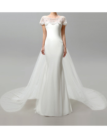 Elegant Beaded Illusion Neckline Tulle Wedding Dresses with Short Sleeves