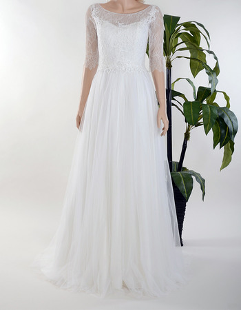 Elegant Illusion Neckline Tulle Wedding Dresses with Half Sleeves and Lace Bodice