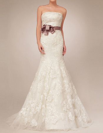 Discount Mermaid Floor Length Lace Tulle Wedding Dresses with Belts and Appliques