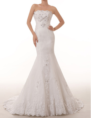 Elegantly Mermaid Straplss Court Train Tulle Wedding Dresses with Applique Beaded