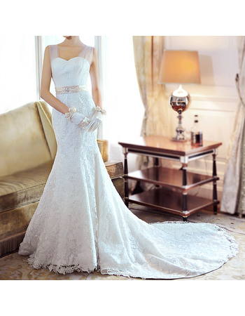 Elegant Trumpet Sweetheart Straps Lace Chapel Train Wedding Dresses with Belt and Crystal Detailing